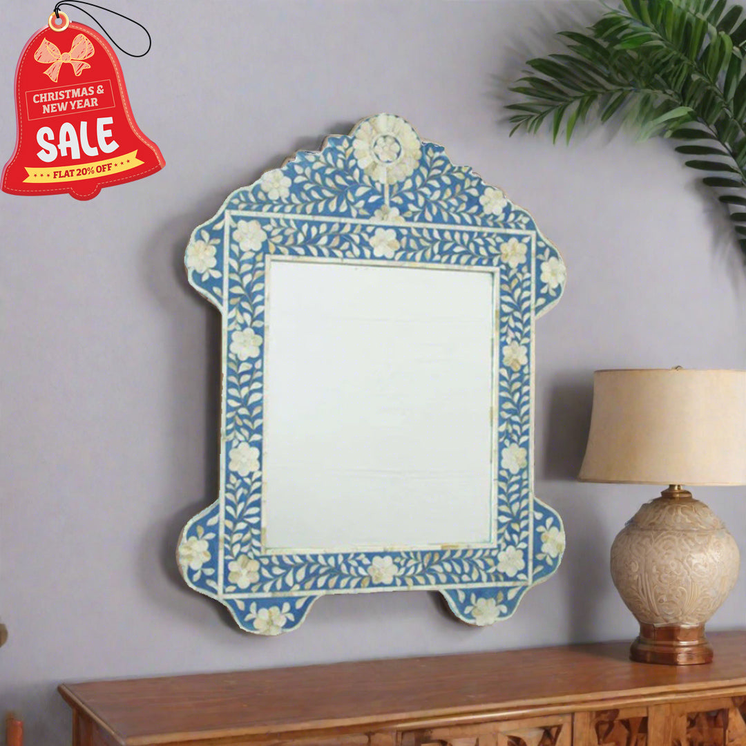 BLUE MOTHER OF PEARL INLAY FLOWER PATTERN MIRROR FRAME