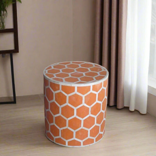 HANDMADE ORANGE BONE INLAY ROUND STOOL IN HONEYCOMB PATTERN