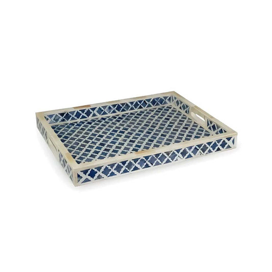 Bone Inlay Tray in Geometric Marrakech Design - Blue
