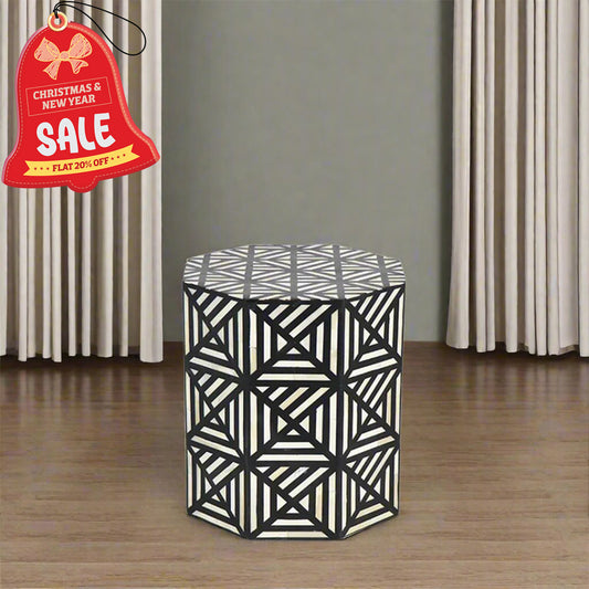 Handmade Customized Bone Inlay Geometric Pattern Hexagonal Stool