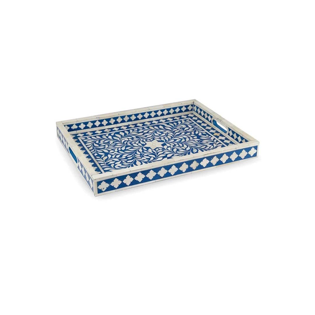 Bone Inlay Tray in Floral Design - Blue