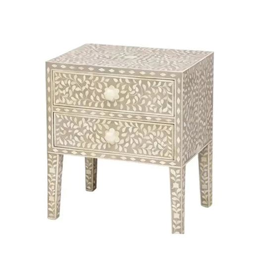 Bone Inlay Floral Pattern Bedside Table - Brown