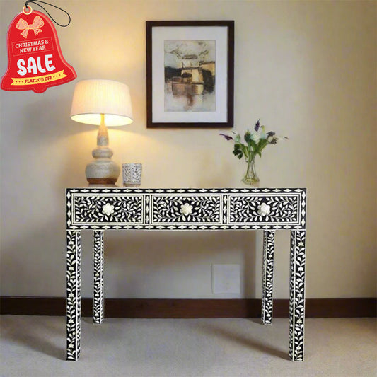 Handmade Customized Bone Inlay Floral Pattern 3 Drawer Console Table