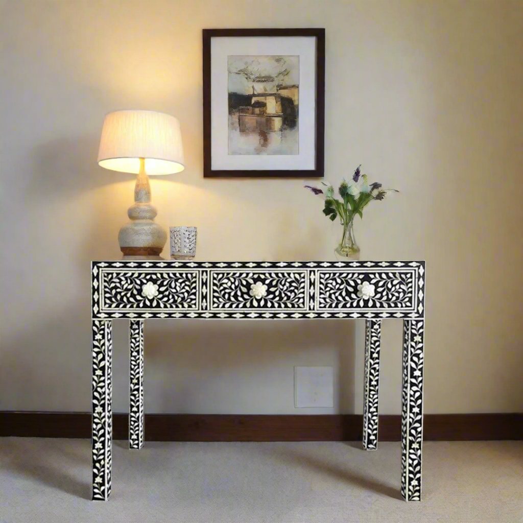 Handmade Customized Bone Inlay Floral Pattern 3 Drawer Console Table