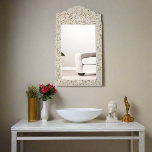 HANDMADE WHITE MOTHER OF PEARL INLAY MIRROR FRAME FOR WALL, VINTAGE DECOR FOR HOME