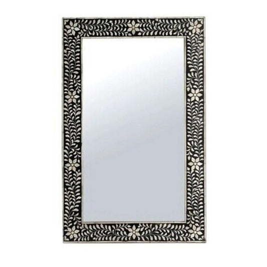 Handmade Bone Inlay Mirror Frame Floral Pettren Black color