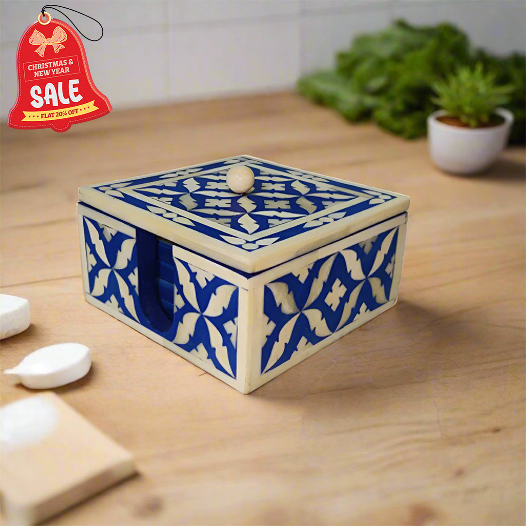 Handmade Customized Bone Inlay Geometric Pattern Set of 4 Tea Coaster