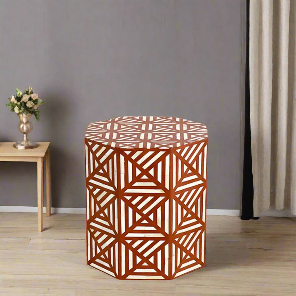 Handmade Customized Bone Inlay Geometric Pattern Hexagonal Stool