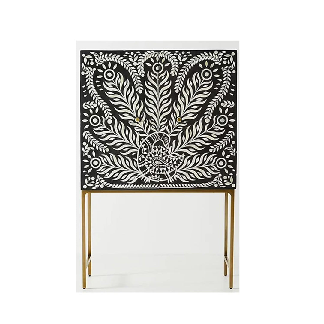 Customized Handmade Bone Inlay Peacock Pattern Bar Cabinet
