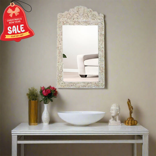 HANDMADE WHITE MOTHER OF PEARL INLAY MIRROR FRAME FOR WALL, VINTAGE DECOR FOR HOME