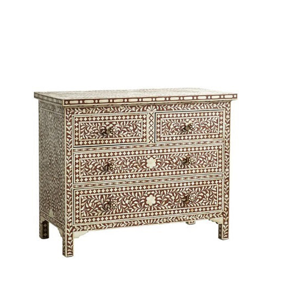 Bone Inlay Chest Of 4 Drawers , Floral Pattern In Brown