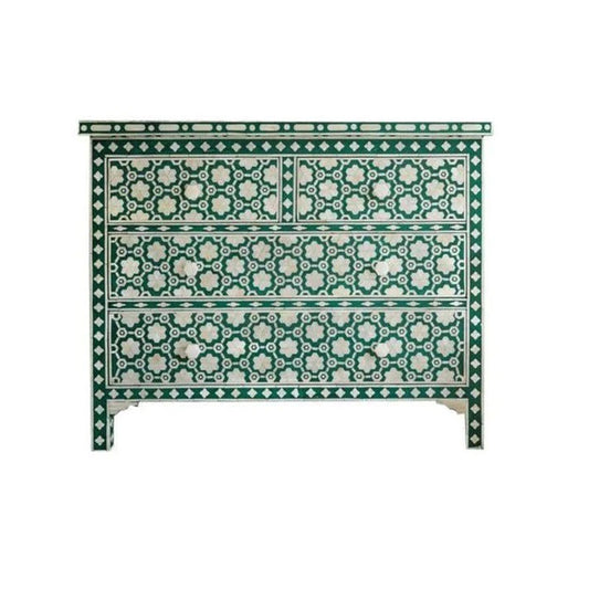Bone Inlay Chest Of 4 Drawers , Moroccan Pattern In Green