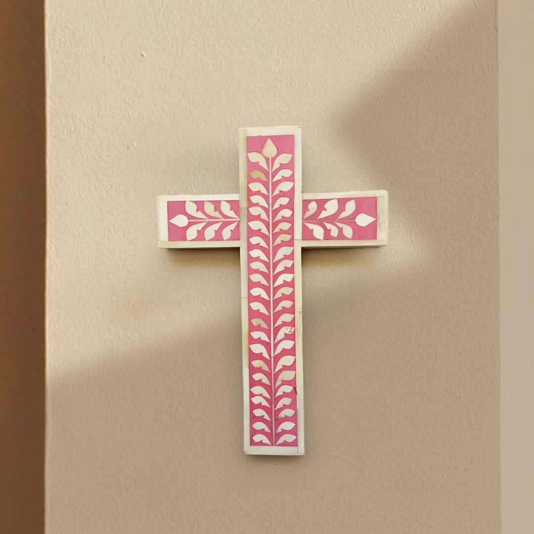 Bone Inlay Cross Floral Pattern Well cross - (Pink)