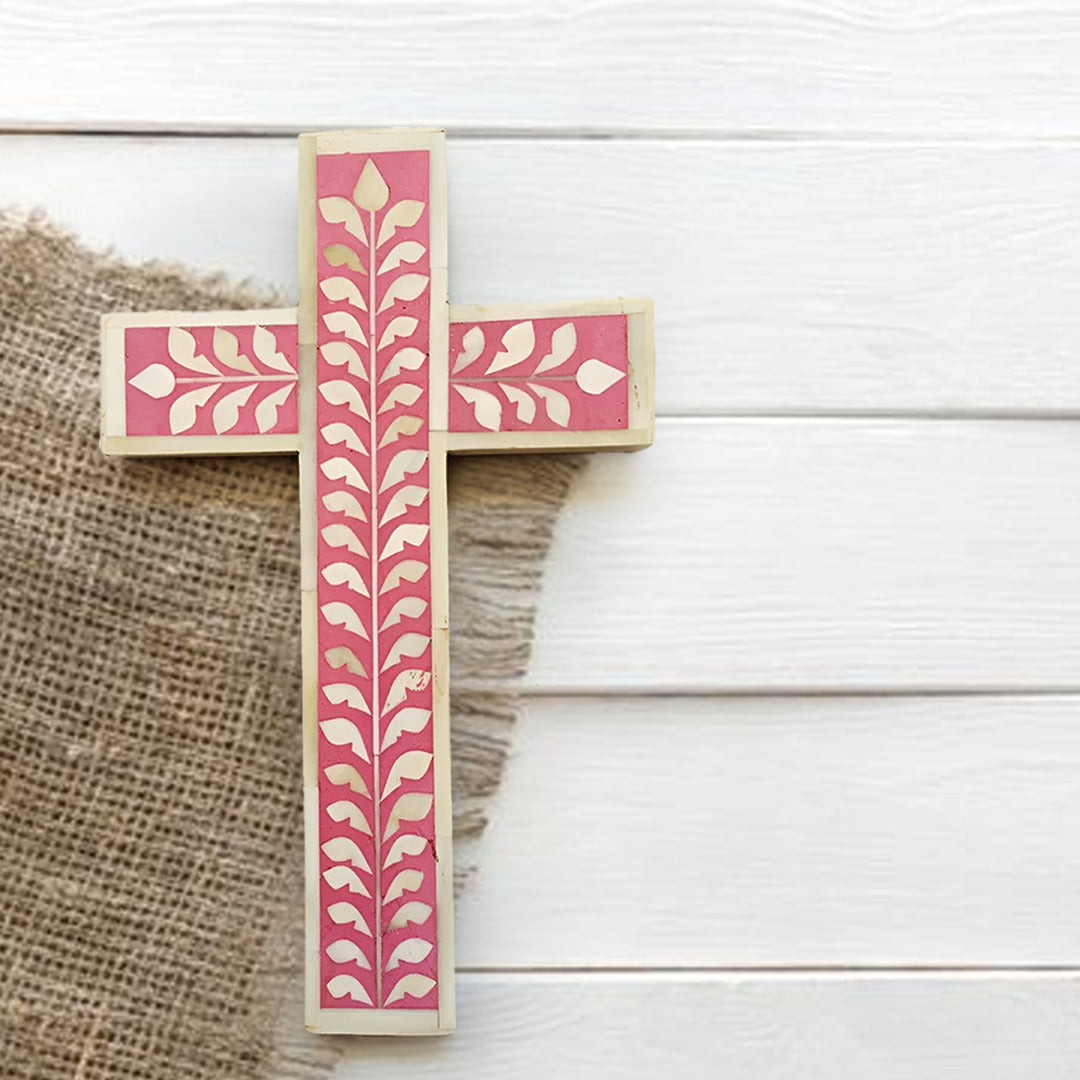 Bone Inlay Cross Floral Pattern Well cross - (Pink)