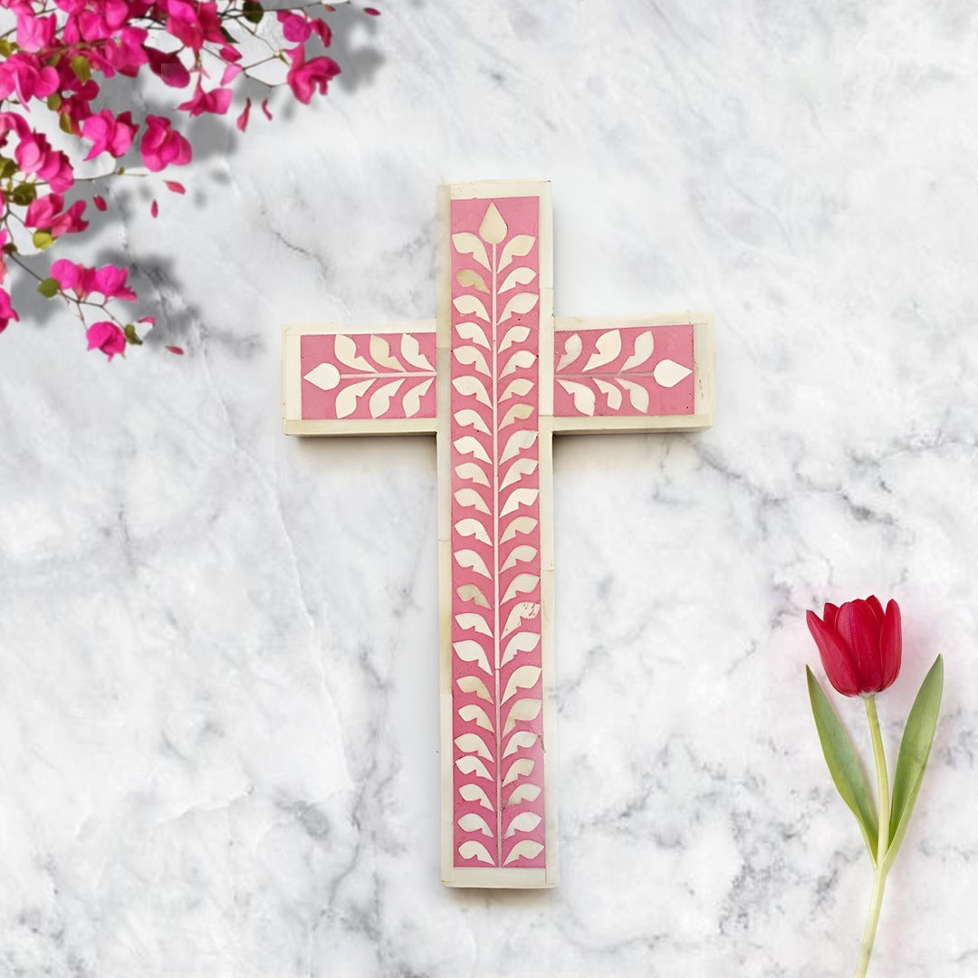 Bone Inlay Cross Floral Pattern Well cross - (Pink)