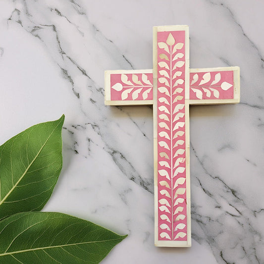 Bone Inlay Cross Floral Pattern Well cross - (Pink)