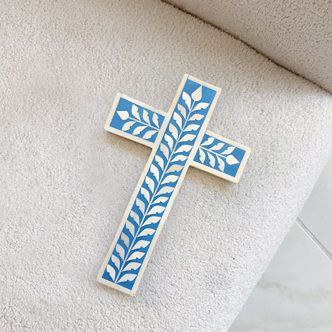 Bone Inlay Cross Floral Pattern Well cross - (Blue)