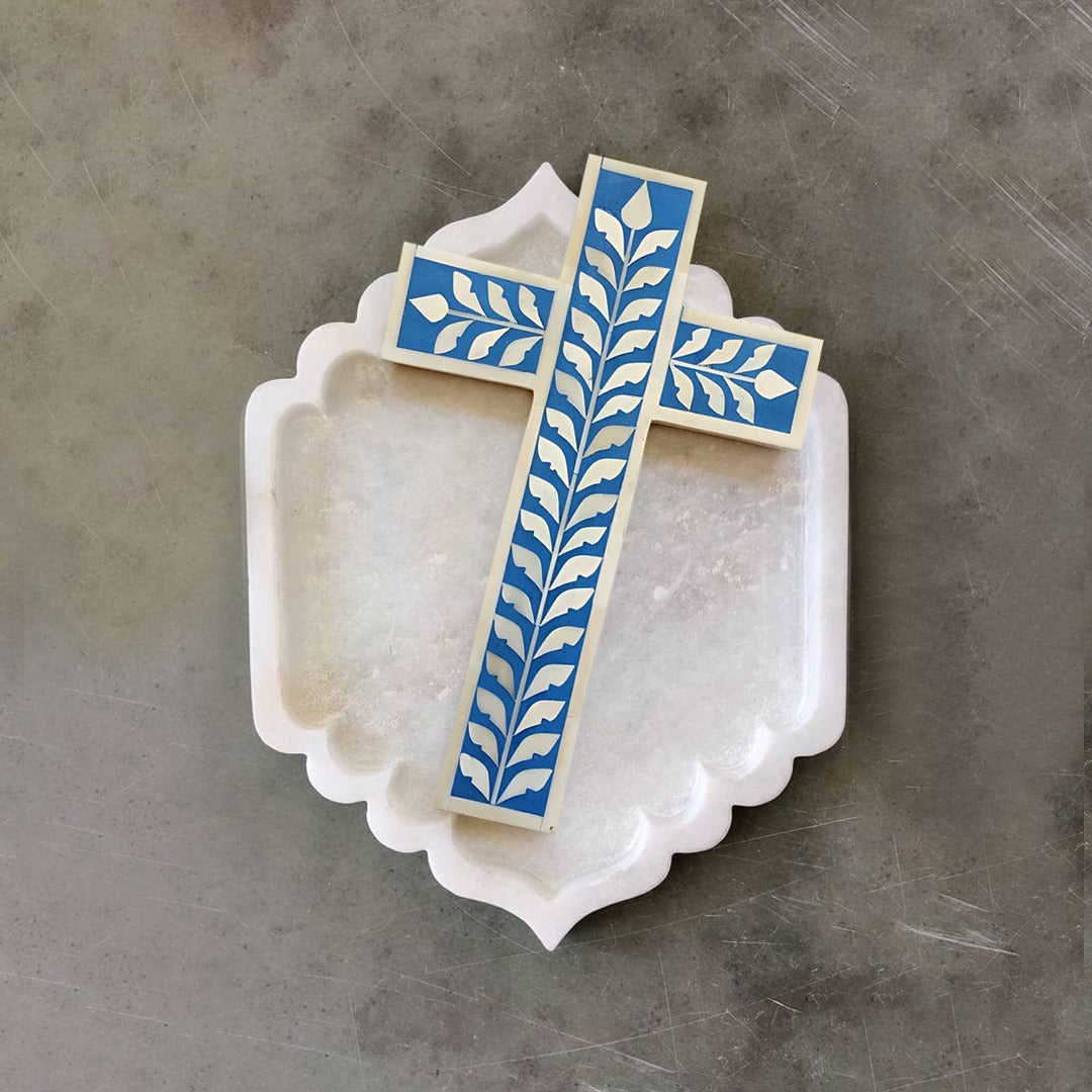 Bone Inlay Cross Floral Pattern Well cross - (Blue)