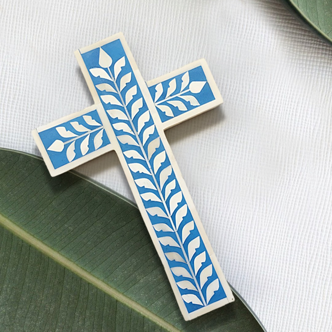 Bone Inlay Cross Floral Pattern Well cross - (Blue)