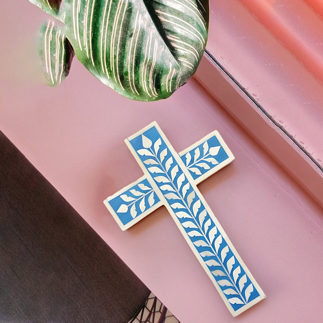 Bone Inlay Cross Floral Pattern Well cross - (Blue)