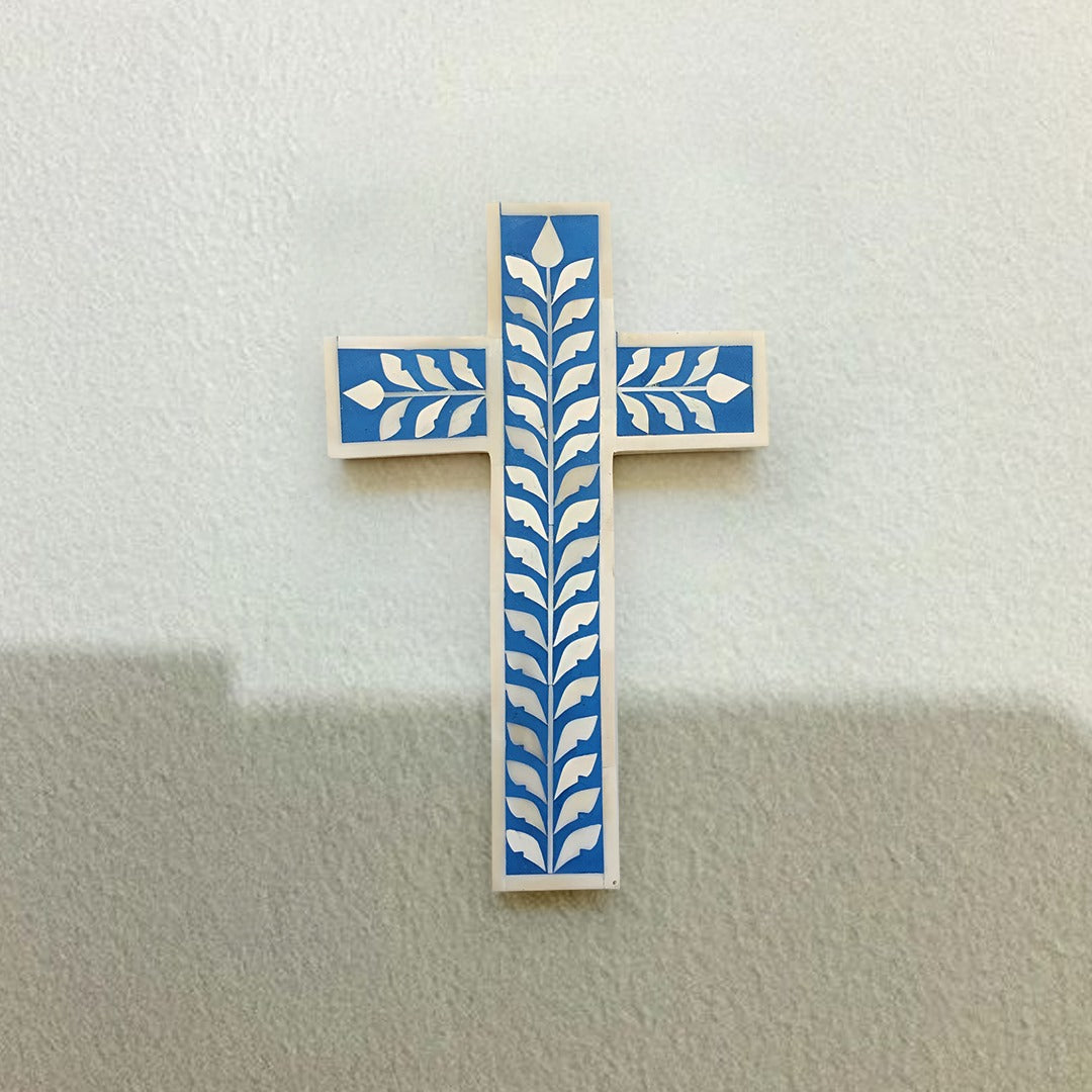 Bone Inlay Cross Floral Pattern Well cross - (Blue)