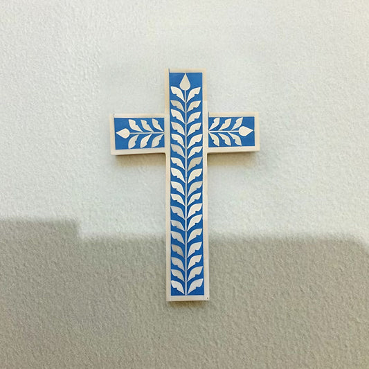 Bone Inlay Cross Floral Pattern Well cross - (Blue)