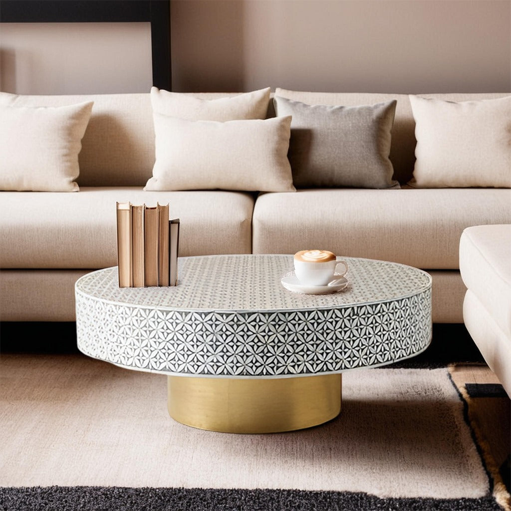 Handmade Mother of Pearl Star Pattern Round Coffee Table- Grey