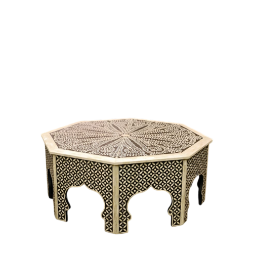 Handmade Round Coffee Table with Bone Inlay Geometric Design, Livingroom Furniture