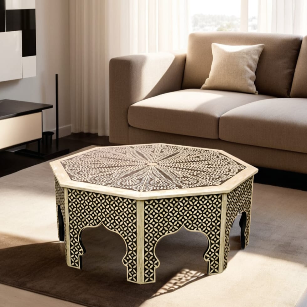 Handmade Round Coffee Table with Bone Inlay Geometric Design, Livingroom Furniture