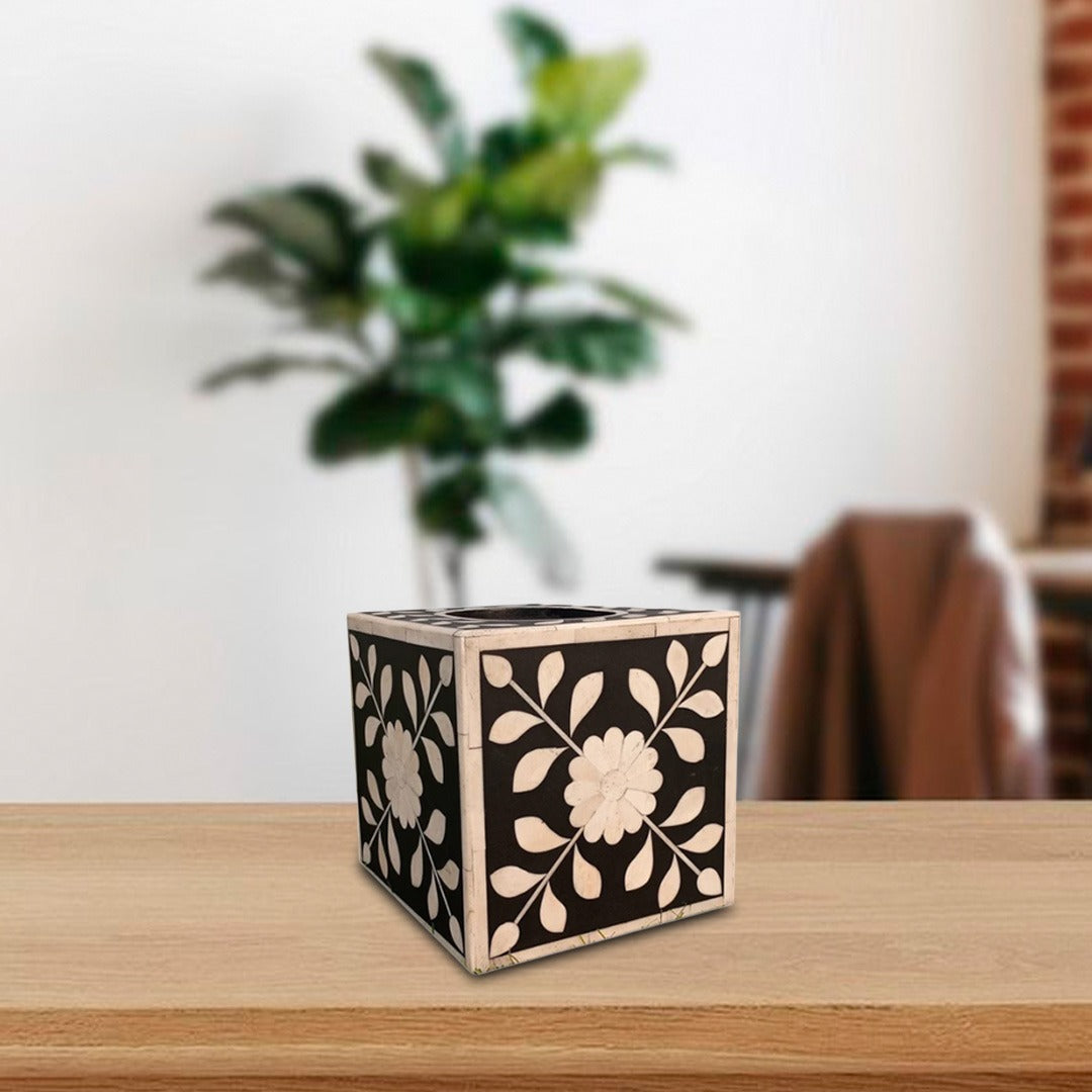 Handmade Customized Bone Inlay Floral Pattern Square Shape Tissue Box