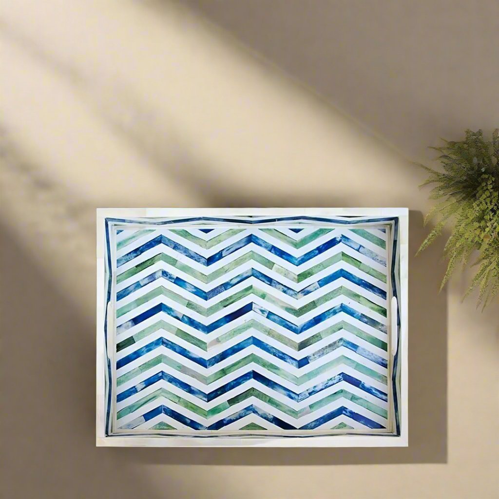 Bone Inlay Tray in Geometric Chevron Design - Blue and Green