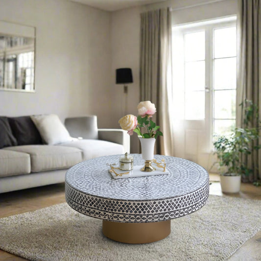 Handmade Mother of Pearl Modern Luxe Round Coffee Table in Grey, Ivory, and Gold