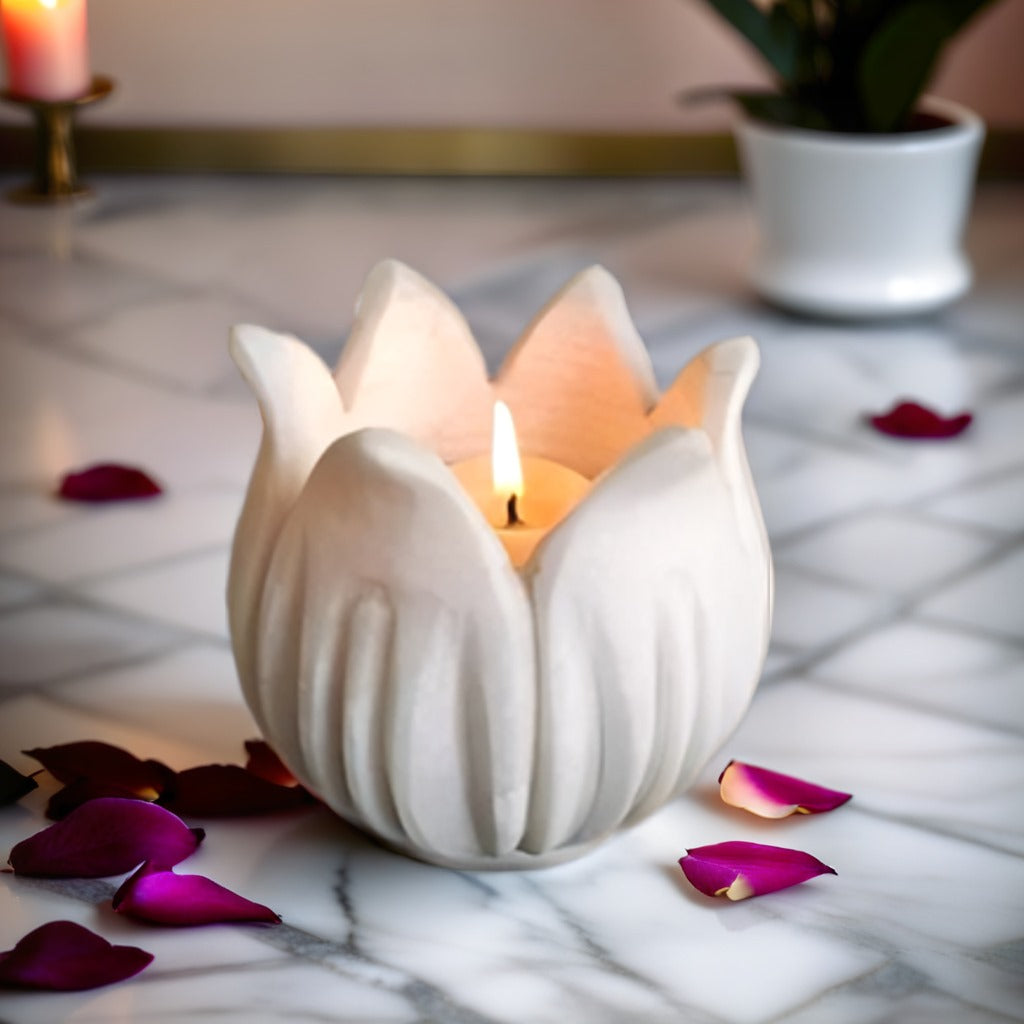 Handmade Marble Lotus T-Light Candle Holder: Elegant Décor for Ambient Lighting