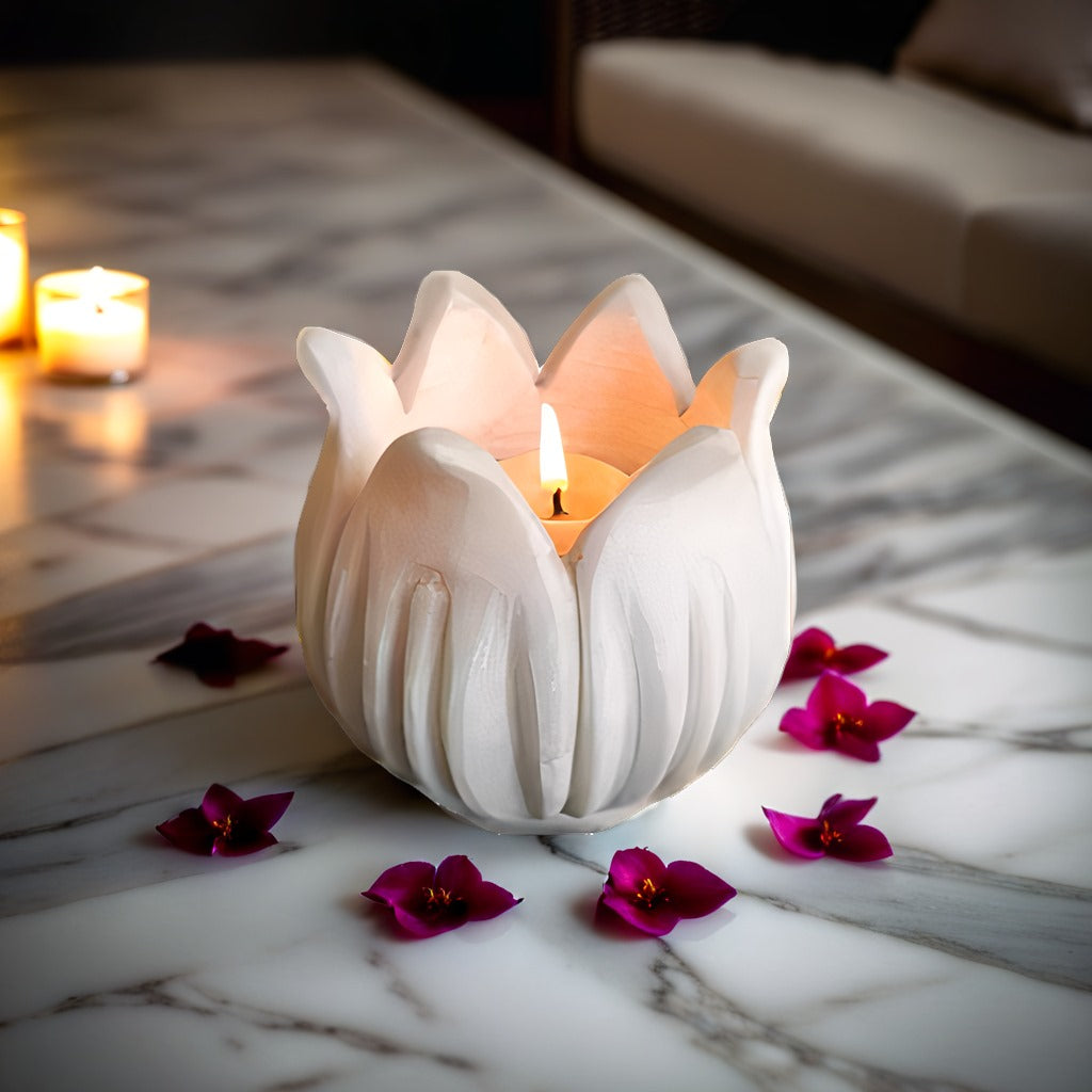 Handmade Marble Lotus T-Light Candle Holder: Elegant Décor for Ambient Lighting