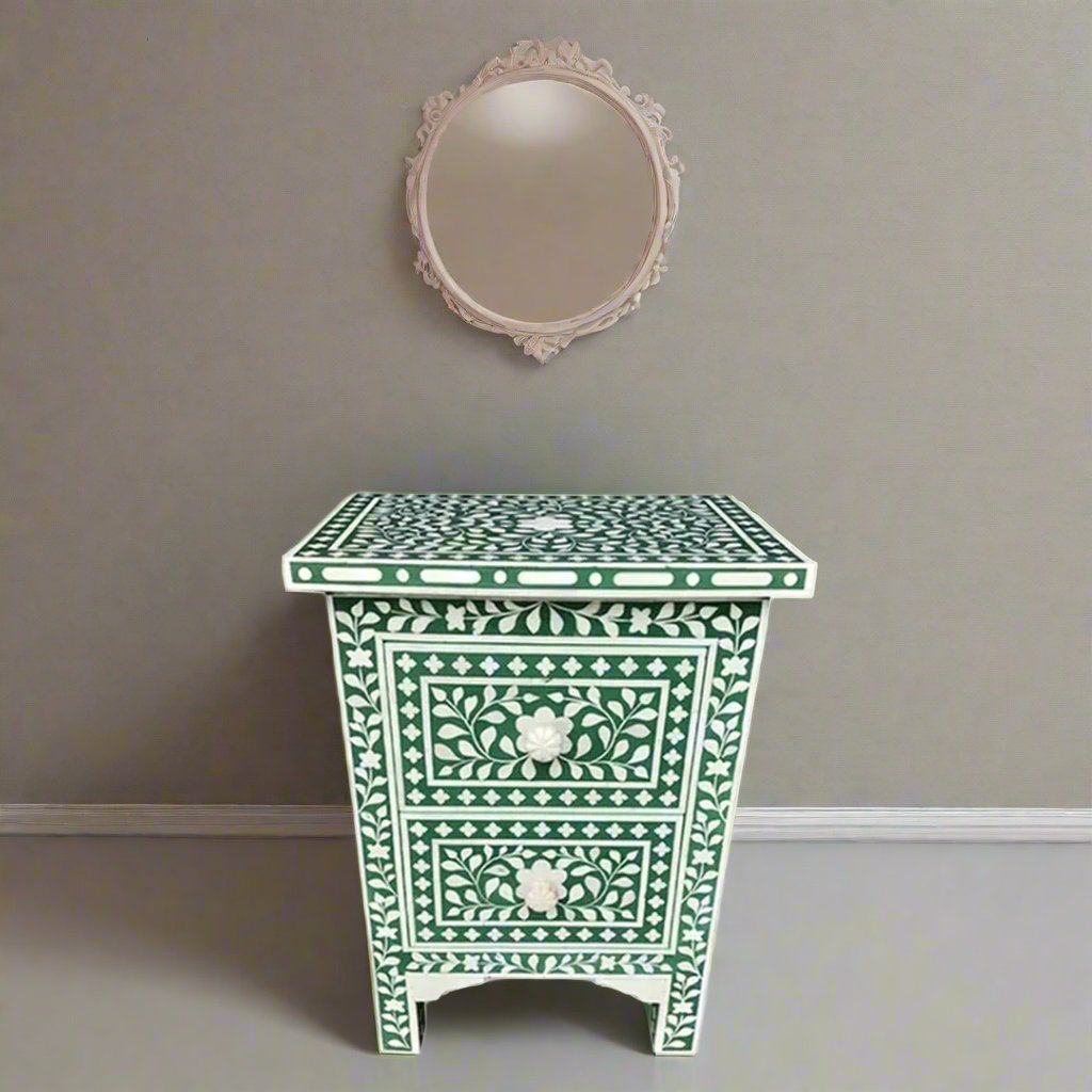 Handmade Customized Bone Inlay 2 Drawer Bedside Table