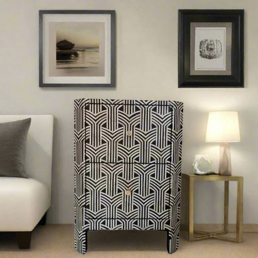 Handmade Customized Bone Inlay Geometric Pattern Bedside Table