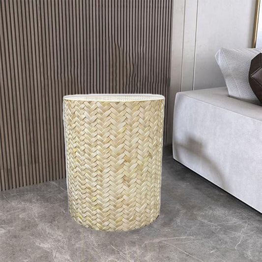 Handmade Customized Bone Inlay Round Stool-  BASKET WEAVE