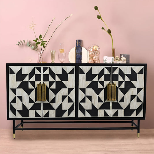 Beautifull Handmade Bone Inlay Geometric 4 Door Chest Of Drawers (Black)