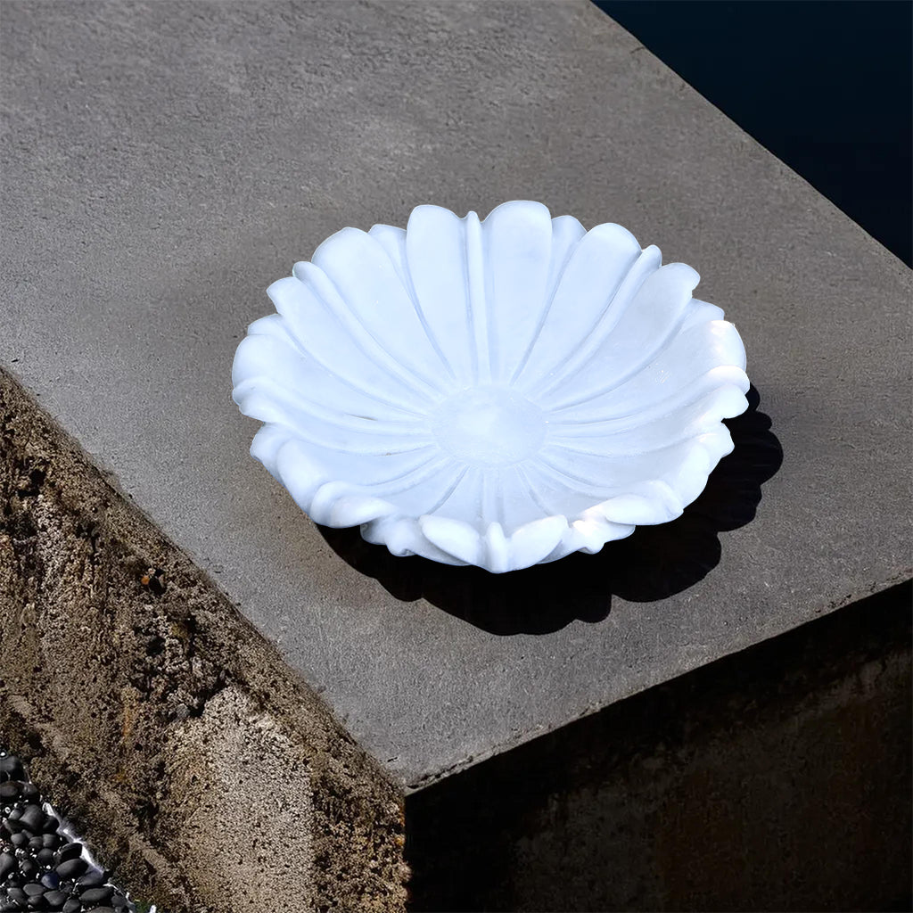 Decorative White Marble Ribbed Wave Ruffle Bowl Fruit Bowl for Home Decor