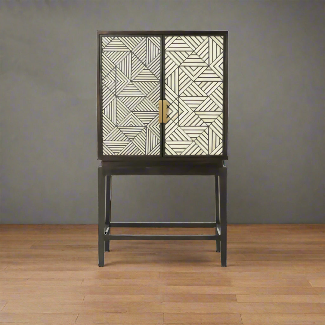 Handmade Black & White Geometric Pattern Bone Inlay Bar Cabinet