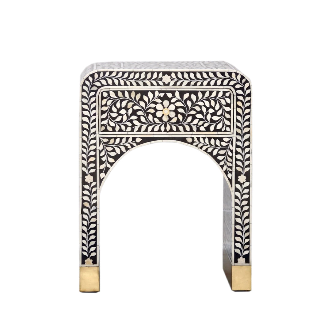 Bone Inlay Curved Bedside Table - Floral