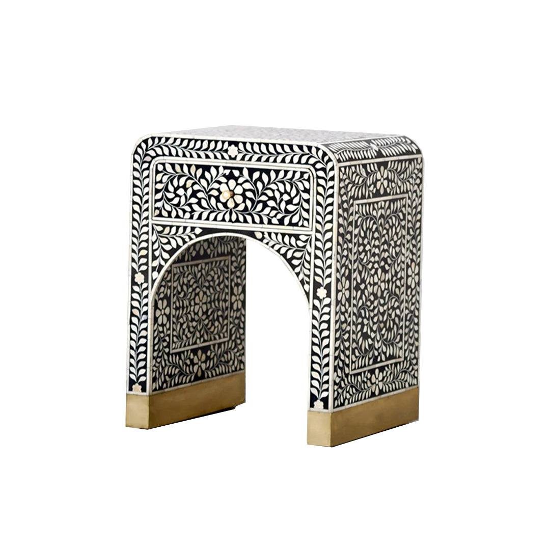 Bone Inlay Curved Bedside Table - Floral