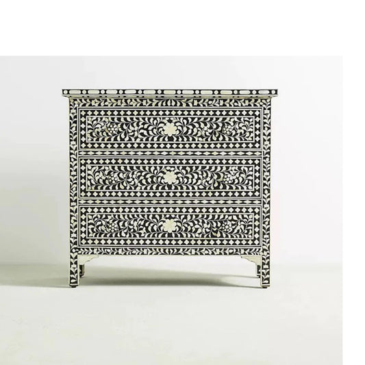 Bone Inlay Chest Of 3 Drawers , Floral Pattern In Black