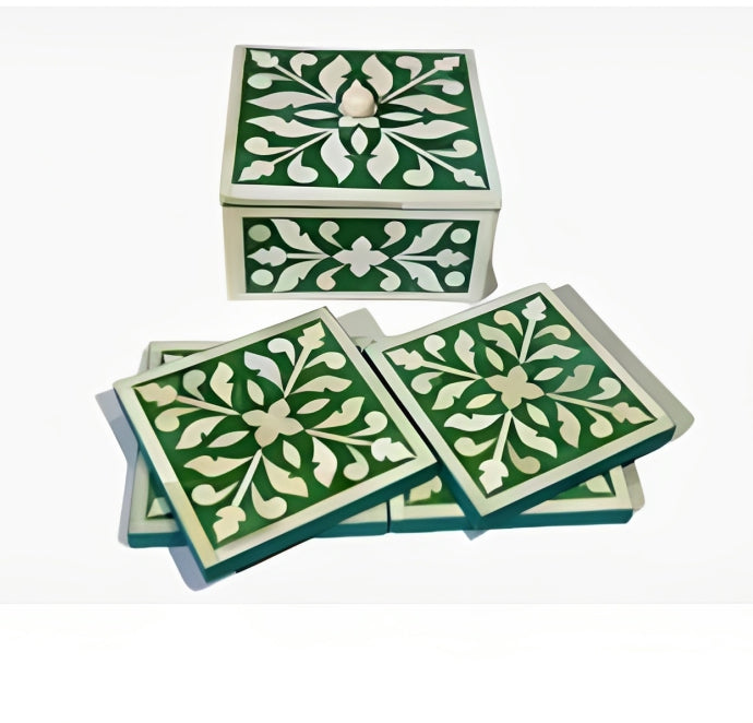 Beautifully Hand Crafted Bone Inlay Green Coaster Set Ready to Ship Perfect gift for loved ones