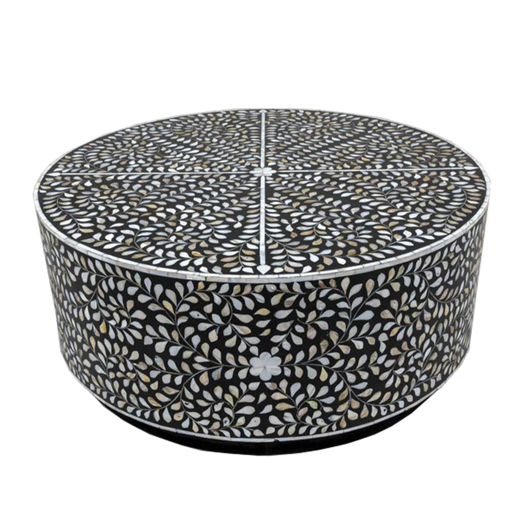 Handmade Mother of Pearl Round Coffee Table- Floral/ Black