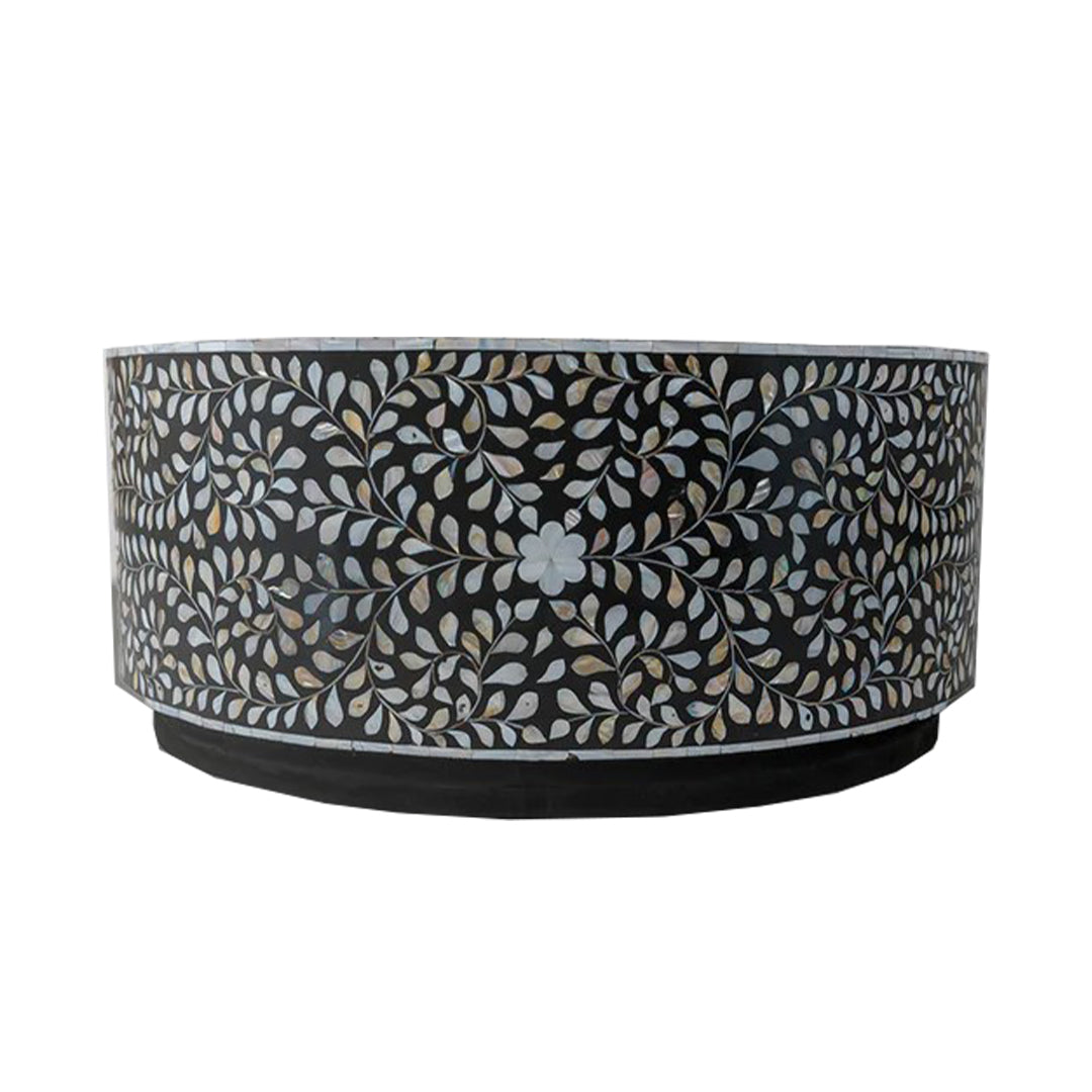 Handmade Mother of Pearl Round Coffee Table- Floral/ Black