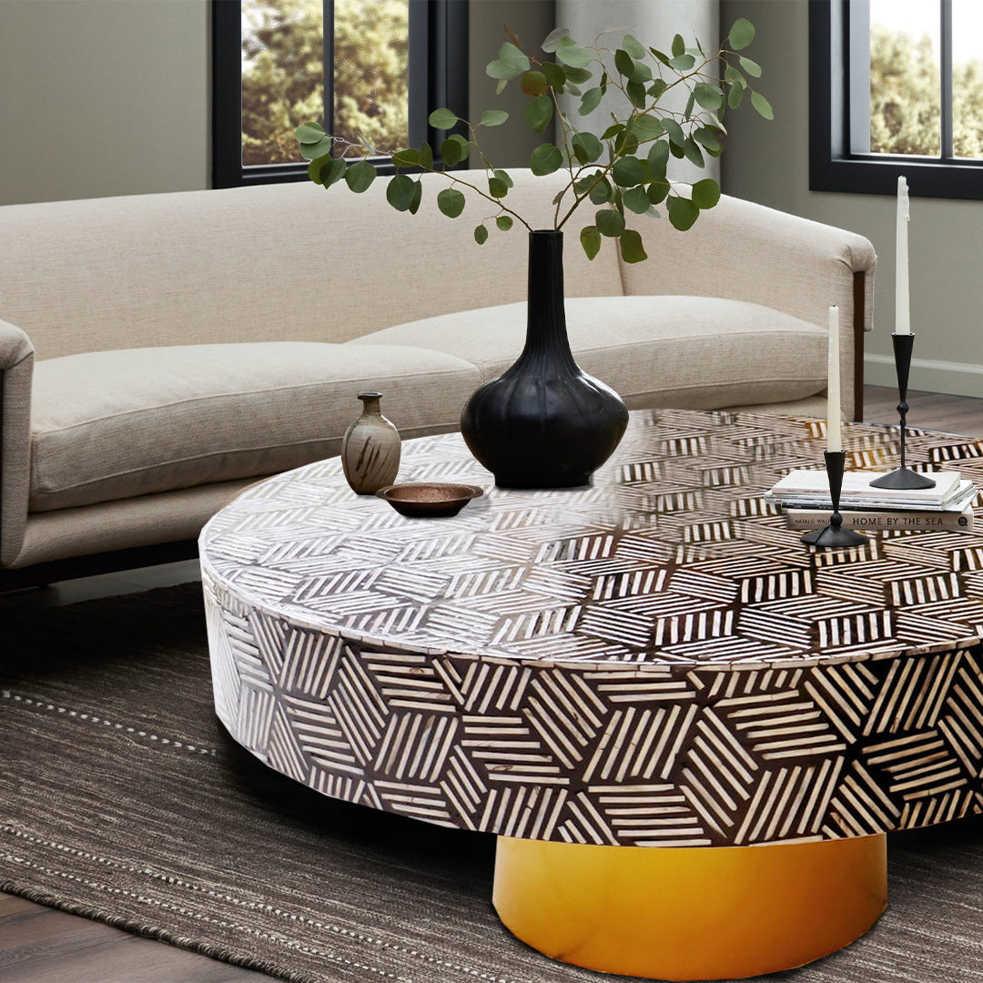 Handmade  Mother of Pearl Round Coffee Table- Geometric