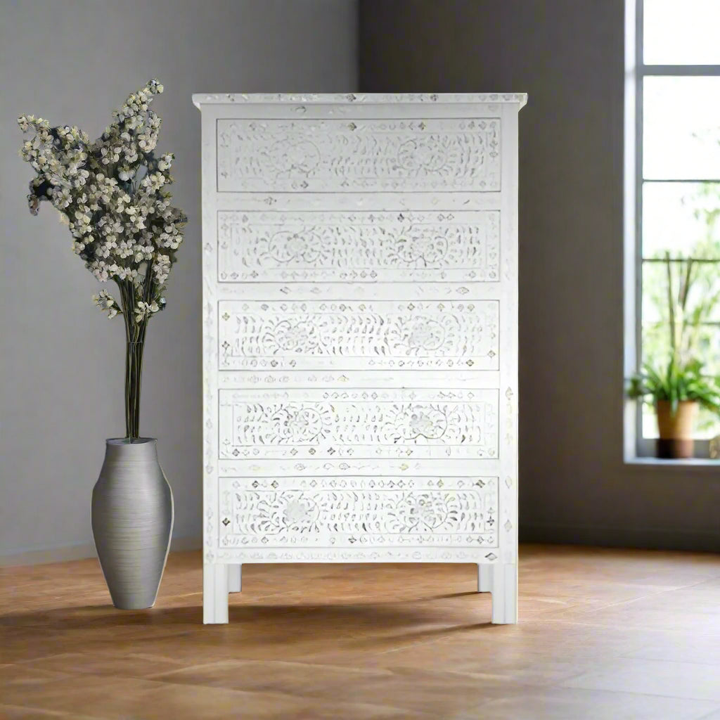 BEAUTIFUL HANDMADE MOTHER OF PEARL CHEST OF DRAWER/ Tall Boy Dresser - FLORAL( WHITE)