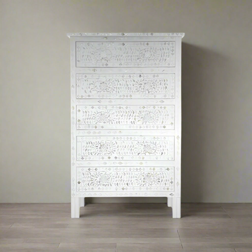 BEAUTIFUL HANDMADE MOTHER OF PEARL CHEST OF DRAWER/ Tall Boy Dresser - FLORAL( WHITE)