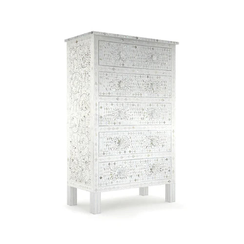 BEAUTIFUL HANDMADE MOTHER OF PEARL CHEST OF DRAWER/ Tall Boy Dresser - FLORAL( WHITE)